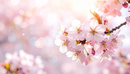 Fototapeta premium Close-up of cherry blossom flowers in full bloom with soft sunlight and bokeh background, symbolizing spring beauty
