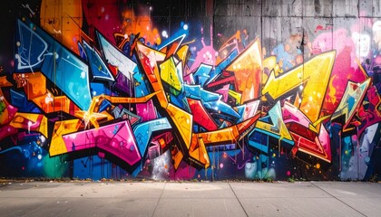 A colorful urban street wall covered in vibrant graffiti art, showcasing bold letters and expressive street style.