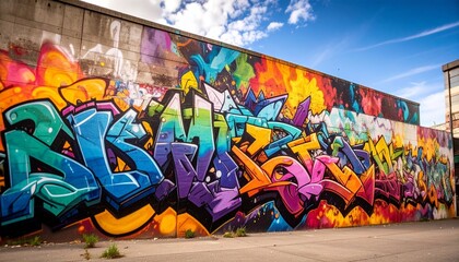 A colorful urban street wall covered in vibrant graffiti art, showcasing bold letters and expressive street style.