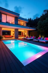 Modern house with illuminated swimming pool at dusk