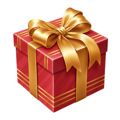 Obraz premium A beautifully wrapped red gift box with a golden ribbon and bow, isolated on a transparent background, perfect for celebrations and special occasions