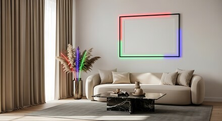 Cozy living room with plush sofa, marble coffee table, and neon frame couch comfortable