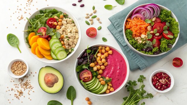 Colorful vegan bowls filled with fresh vegetables, grains, and nuts on a marble countertop