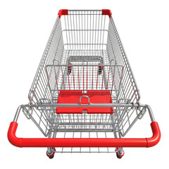 Empty metal shopping cart with red handle and seat, isolated on transparent background
