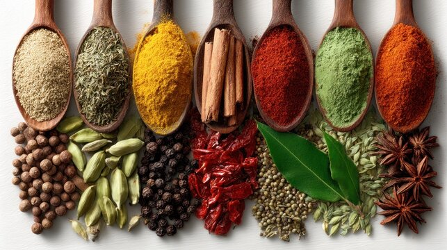 Aromatic spices in wooden spoons showcase diverse culinary flavors