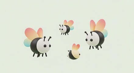 Obraz premium Cartoon Bees with Colorful Wings on White Background