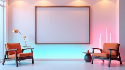 Modern living room with orange chairs and ambient lighting