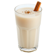 A refreshing glass of Horchata, a creamy beverage with cinnamon stick, isolated on transparent background