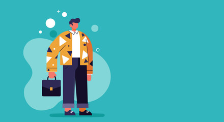 Stylish professional man with a briefcase on a modern teal background, symbolizing business, career, and entrepreneurial success. Great for corporate themes.