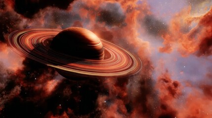 Saturn with Vibrant Rings Against a Fiery Cosmic Background