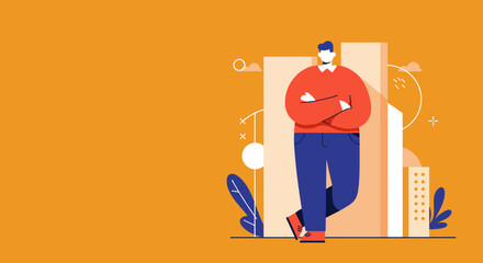 Confident man in a modern flat illustration, leaning casually against abstract city architecture. Ideal for business, urban lifestyle, or professional concepts.