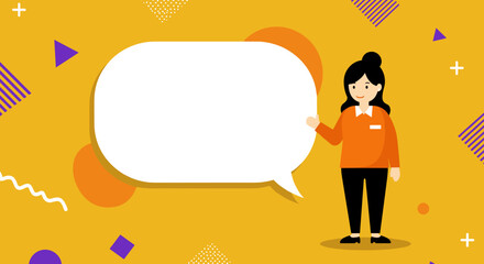 Friendly cartoon woman presenting an empty speech bubble for your message, information, or announcement on a vibrant geometric background. Ideal for business, education, or communication concepts.