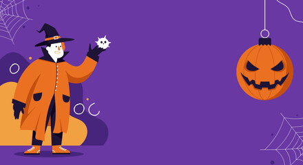 Vibrant Halloween illustration featuring a character in a witch's hat holding a skull, with a hanging pumpkin and spiderwebs on purple. Perfect for festive design and seasonal promotions.