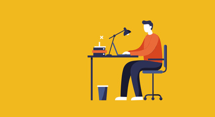 A person focused on working at a desk with a laptop, lamp, and books. Ideal for business, remote work, education, and productivity concepts.