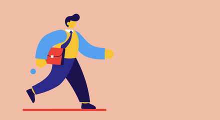 Abstract illustration of a businessman walking purposefully with a briefcase. Represents determination, progress, and daily commute in a minimalist style.