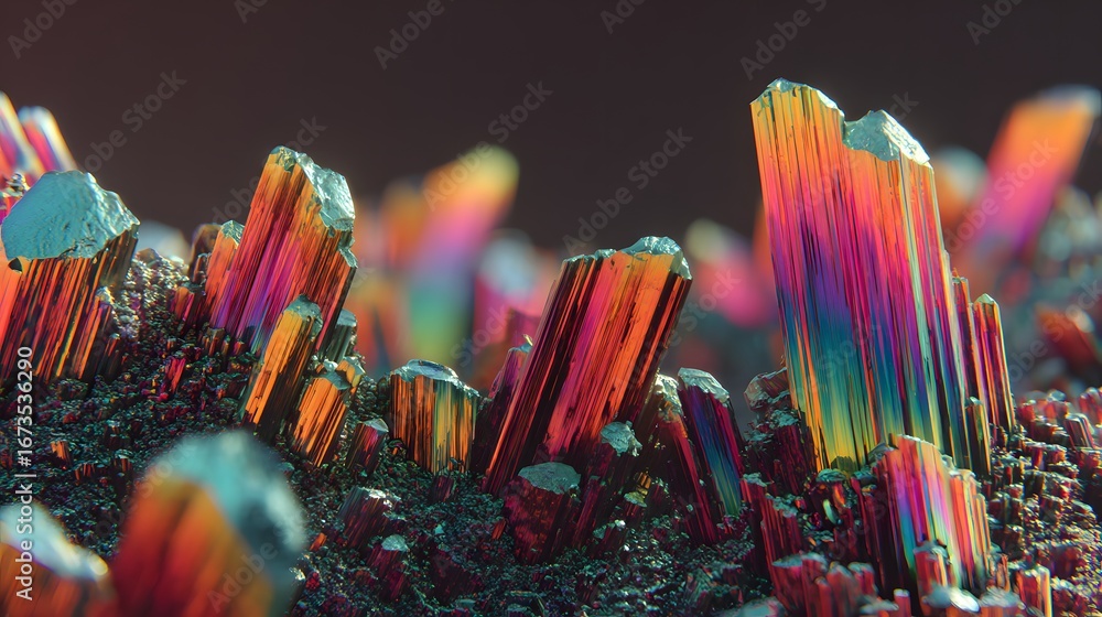 Poster close-up view of iridescent crystals, showcasing a vibrant array of colors, highlighting the intrica