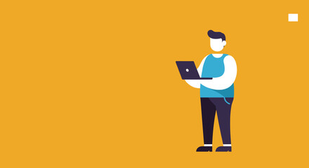 Person utilizing a laptop in a vibrant flat design. Perfect for showcasing digital solutions, productivity, or freelance work themes.
