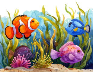  Cartoon Style Group of Fish Swimming Through Seaweed, Fun and Playful Illustration, Isolated Transparent Background PNG