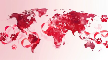 World Rabies Day, World map with red awareness ribbons and paw prints overlay, modern infographic style, professional design, clean composition