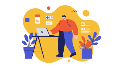 Creative professional working on a laptop at a modern standing desk in a vibrant workspace. Ideal for remote work, productivity, and business concepts.