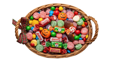 Colorful candy assortment in a basket with Halloween decorations