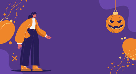 Stylish woman illustration on a vibrant purple background with an evil pumpkin ornament. Ideal for Halloween promotions, invitations, or holiday season content.