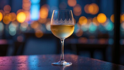 A glass of white wine with blurred bokeh lights in the background.