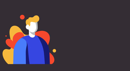 Modern flat design illustration of a stylized male figure with blonde hair and blue shirt on an abstract background. Ideal for profiles, user interfaces, or digital concepts.