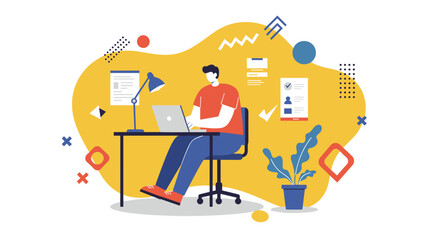 Man working productively on laptop at a modern desk, ideal for remote work, online business, or educational concepts. Professional illustration with abstract elements.