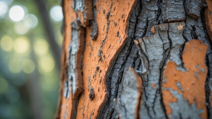 Close-up of tree bark with textured patterns and colors.