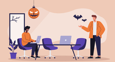 Colleagues work in a modern office, celebrating Halloween with festive decorations. This depicts business collaboration, productivity, and a seasonal work environment.