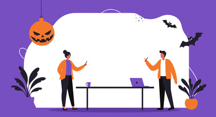 Two professionals collaborate or present in a festive Halloween-themed workspace. Ideal for seasonal business promotions, meetings, or educational content.