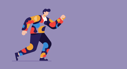 Fototapeta premium Modern flat illustration of an energetic person in colorful, abstract attire, actively moving forward, symbolizing progress, health, and dynamic lifestyle or creativity.