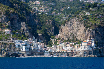 Atrani, Italy - August 19, 2019: View from the sea to the town of Atrani in Italy on the Tyrrhenian...