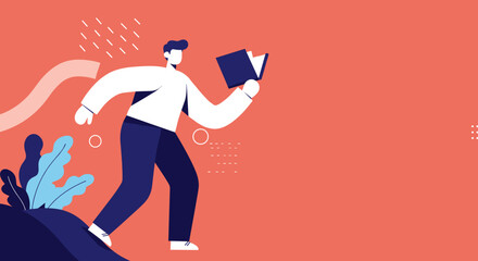 Illustrated man walking while reading a book, symbolizing learning, education, and personal development in a modern design. Ideal for academic, business, or lifestyle content.