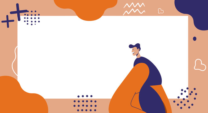 Cheerful illustrated man smiles next to a customizable white frame on a playful abstract background, ideal for presentations, social media, or marketing concepts.