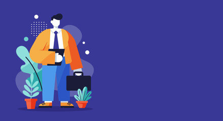 Confident professional man illustration in business attire, holding a tablet and briefcase. Represents career growth, employment, and corporate success for modern business themes.