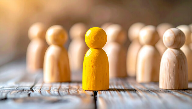 Bright yellow wooden figurine standing upright in the center of a crowd of plain wooden figures.