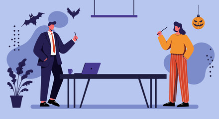 Colleagues celebrate Halloween at the office, collaborating on a project with a festive, creative spirit. Ideal for business, holiday, and teamwork themes.