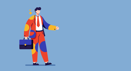 Stylized businessman in a vibrant, colorful suit holding a briefcase, walking confidently. Represents unique thinking, business innovation, and professional growth.