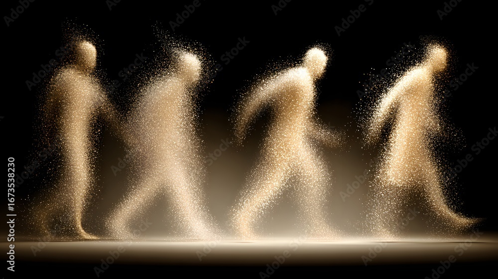 Poster four figures composed of light beige particles, seemingly walking or fleeting, on a dark background,