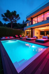 Modern Villa With Illuminated Pool And Lounge Area