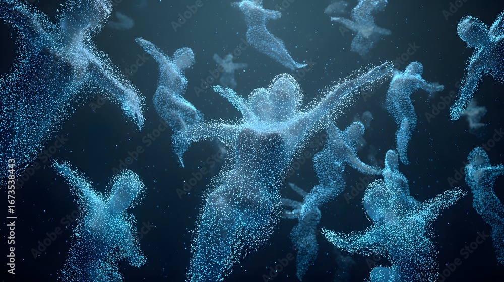 Poster abstract digital representation of multiple figures in motion against a dark background, showcasing 