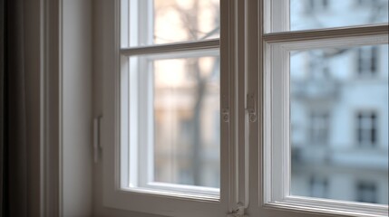 Fototapeta premium White Wooden Window with Partially Open Frame, Overlooking Urban Buildings
