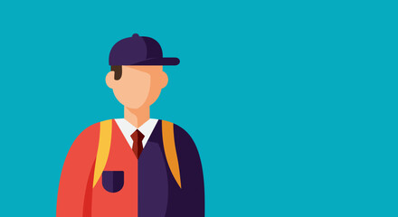 Flat design illustration of a young person wearing a cap and backpack, ideal for concepts of education, travel, or delivery service.