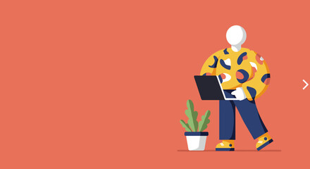 Modern illustration of a person using a laptop with a plant, symbolizing freelance work, remote business, or digital education. Ideal for tech and lifestyle content.