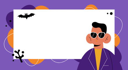 Stylish man with sunglasses and bat silhouette on a vibrant purple and orange Halloween-themed frame. Perfect for spooky invitations, seasonal promotions, or festive announcements with copy space.