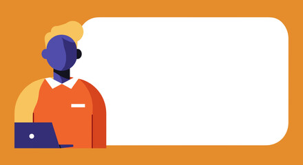 Illustration of a person working on a laptop next to a large blank speech bubble, ideal for communication concepts, online content, or virtual assistance.