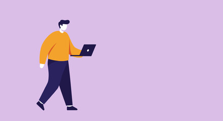 Modern flat illustration of a person walking while using a laptop, representing mobile work, productivity, and digital connectivity.