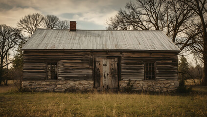 old rustic building with weathered wooden walls, worn stone foundation, and a faded metal roof, surrounded by overgrown vegetation and trees, with a large wooden door, old windows, and a chimney
